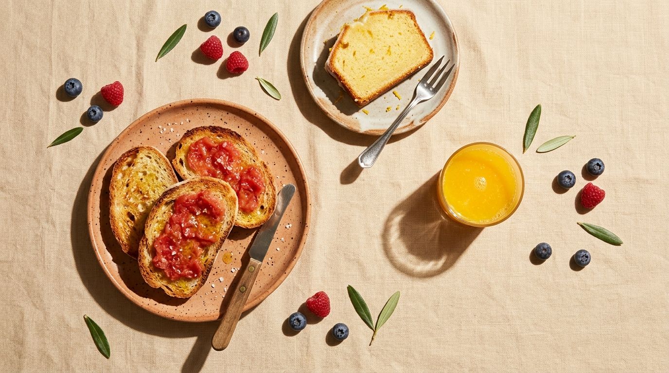 Taula de brunch amb pa, cafè i fruita