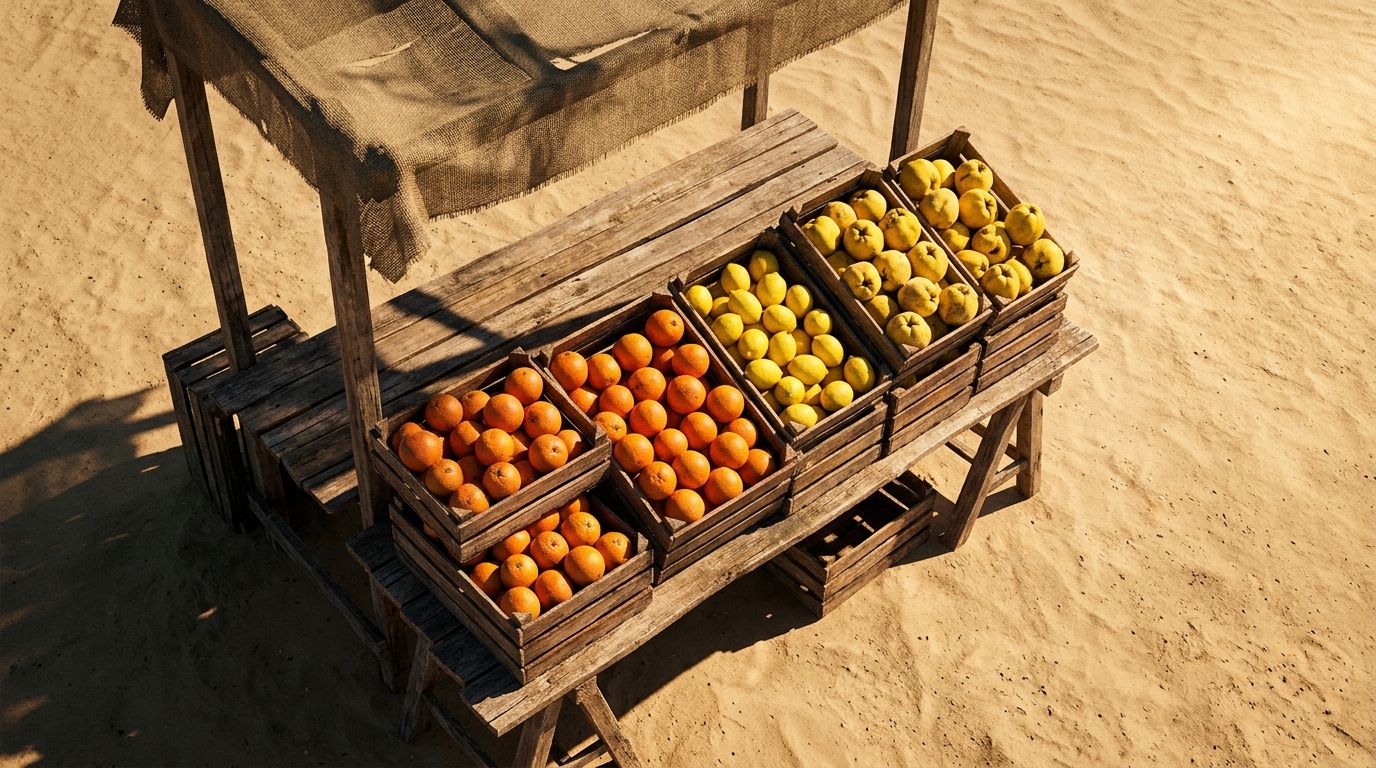 Caixa de taronges sobre un taulell de fruita
