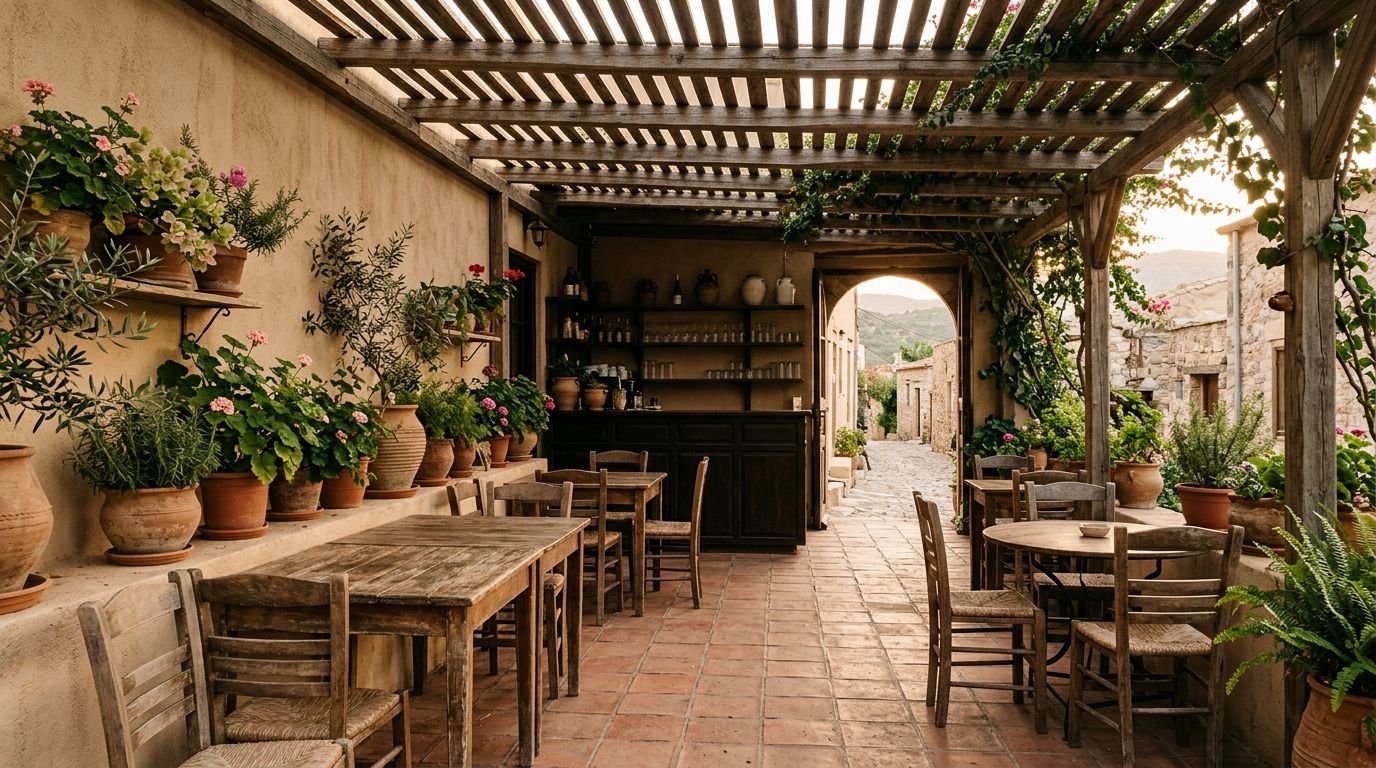 Pati interior amb plantes i taula posada