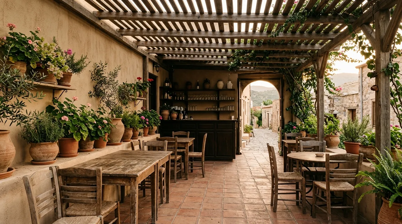 Pati interior amb plantes i taula posada