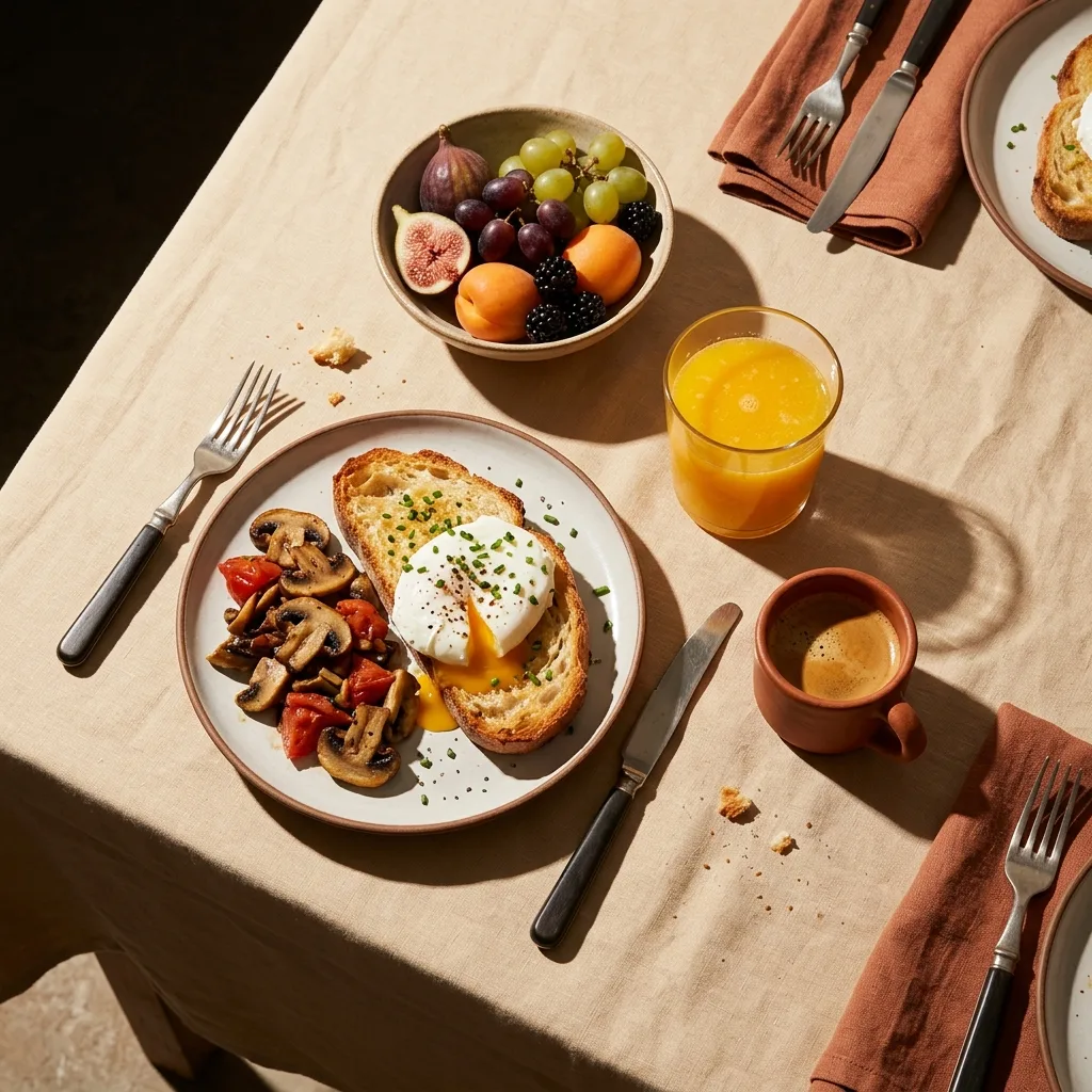 Taula de brunch amb cafè, suc i fruita fresca.