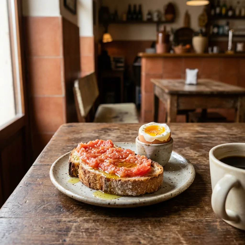 Brunch senzill: pa, ou i tomàquet en una taula modesta.